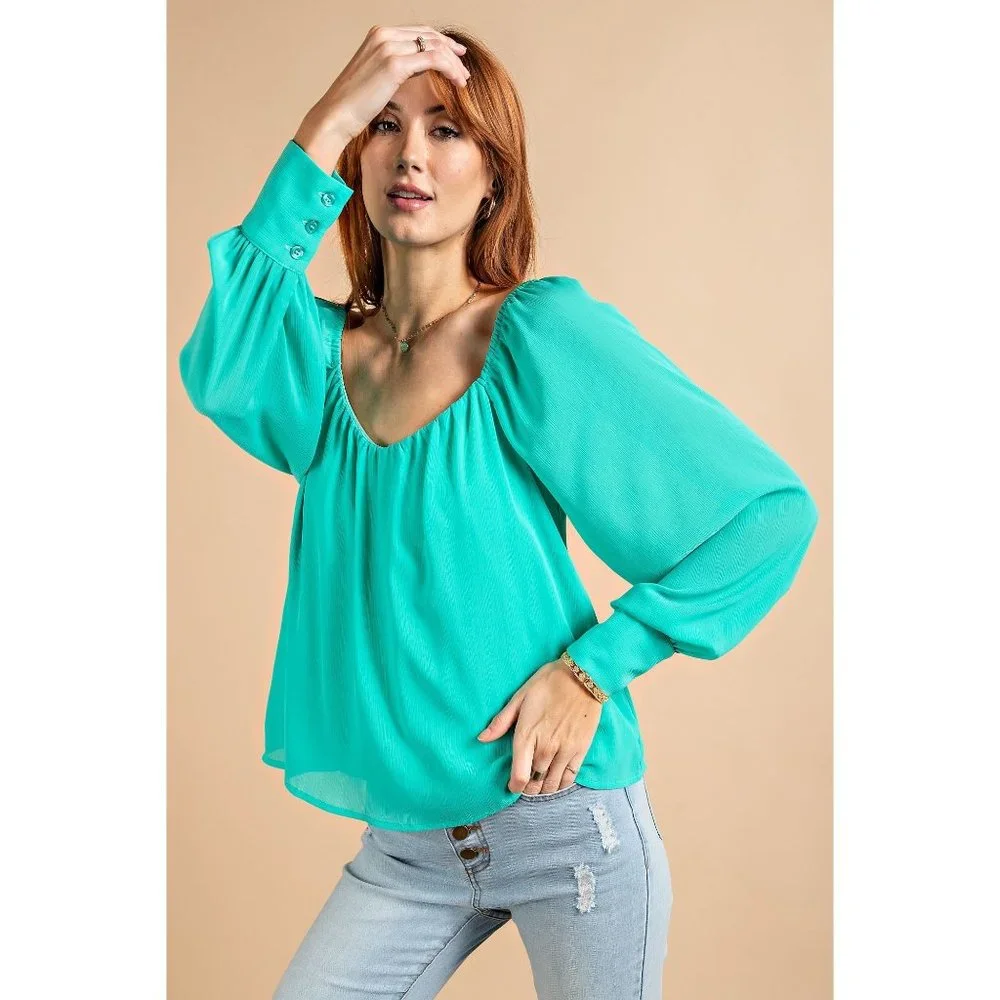 Easel Atlantis Green Buttoned Cuffs Loose Fit Chiffon Lightweight Lined Blouse - Picture 1 of 5